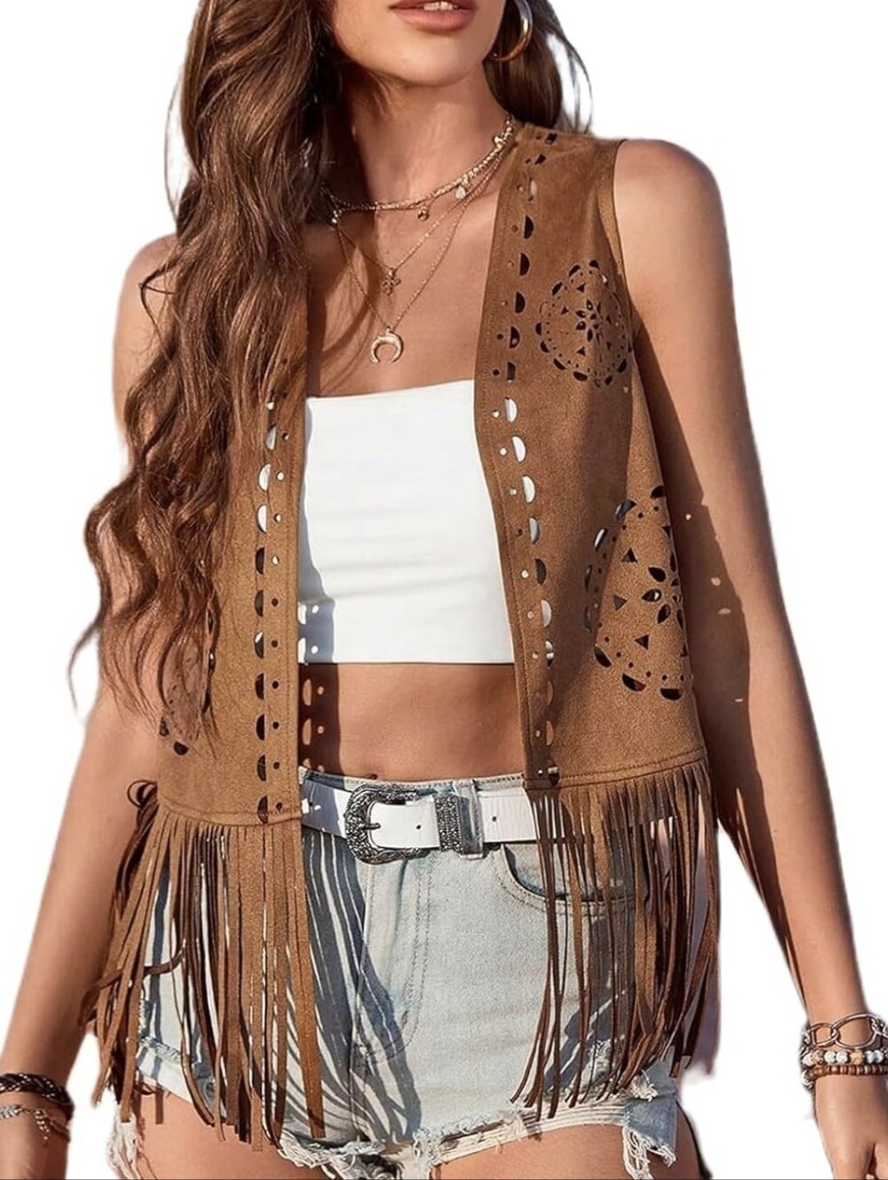 Liv Los Angeles Boho Fringe Vest in Cognac Brown Large - Picture 1 of 5